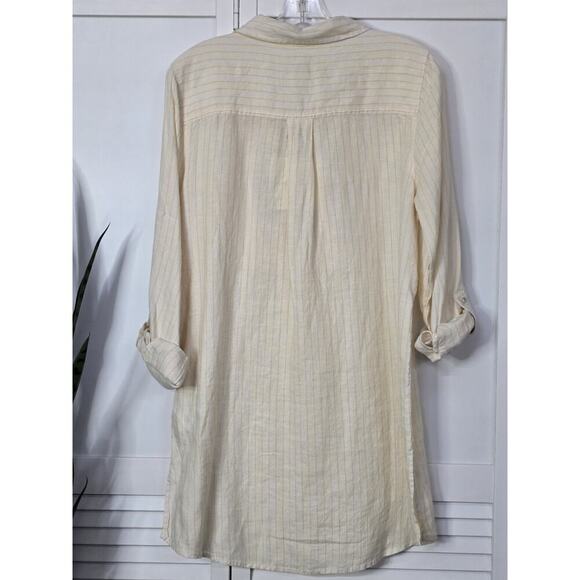 Cynthia Rowley Tunic M 100% Linen Off White Yellow Stripe Pleat Button Shirt Top - Picture 6 of 6